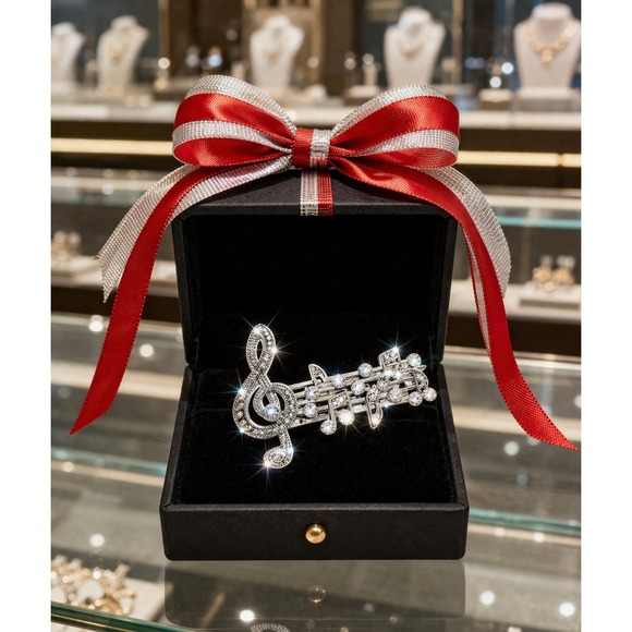 Jewelry - Crystal Musical Note Brooch Treble Clef Silver Tone Music Teacher Gift New